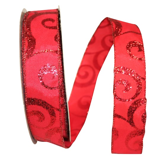 JAM Paper 1.5" x 50yd. Red Scroll Wired Glitter Ribbon